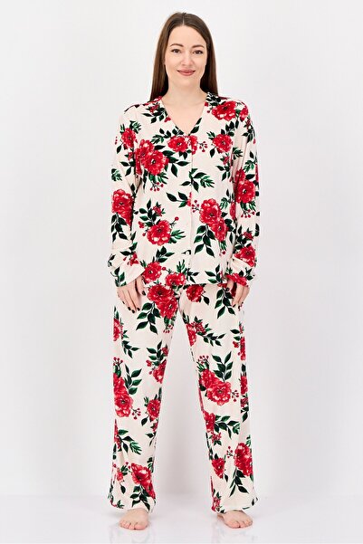 Gloria Vanderbilt طقم بيجاما نسائي مكون من قطعتين بأكمام طويلة وطبعة زهور، مت...