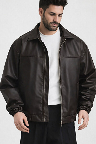 MerStore Jachetă din piele maro oversize pentru bărbați