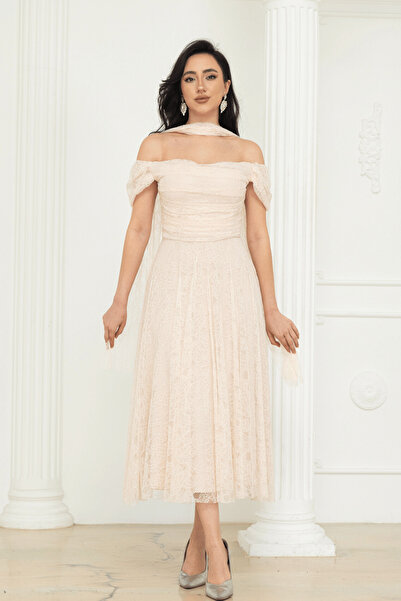 BEYBOS Full Lace Fabric Shawl Detailed Midi Dress - Beige