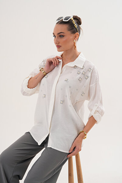 ZENA BY ÇETİN LEVENT Pearl Square Stone Embroidered Casual Loose Fit Women's ...