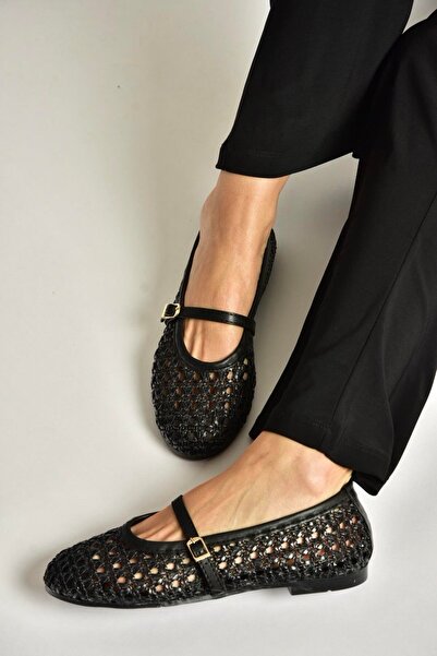 Fox Shoes Y267272709 Balerini negri pentru femei, cu aspect de plasă tricotată