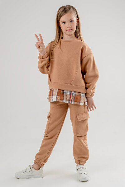 GİYİCEM TEKSTİL Girl's Basic Crew Neck Three Thread Tracksuit Set 4705