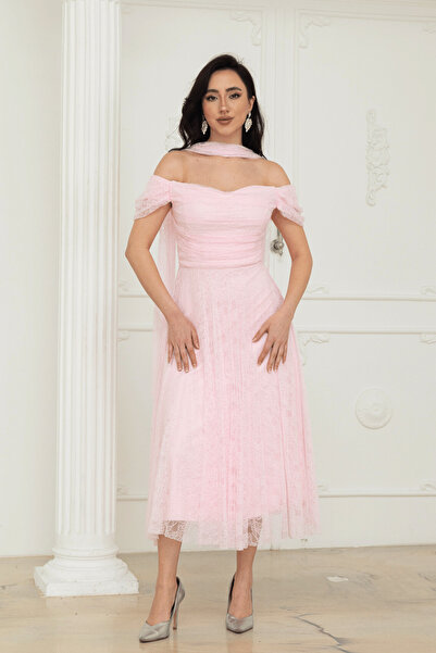 BEYBOS Φόρεμα μίντι με λεπτομέρεια από δαντέλα και υφασμάτινο σάλι - PUDRA