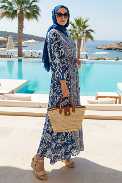 N.S NEVA STYLE Patterned Indigo Blue Hijab Dress 21301Im