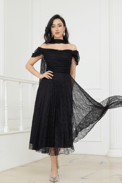 BEYBOS Ολόσωμο φόρεμα μίντι με λεπτομέρεια σάλι - ΜΑΥΡΟ