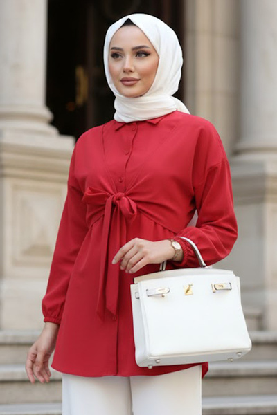 N.S NEVA STYLE Buttoned Red Hijab Tunic 20316K