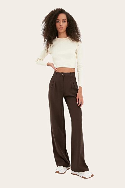 byhaziran butik Lore Acı Kahve High Waist Pleated Wide Leg Pants