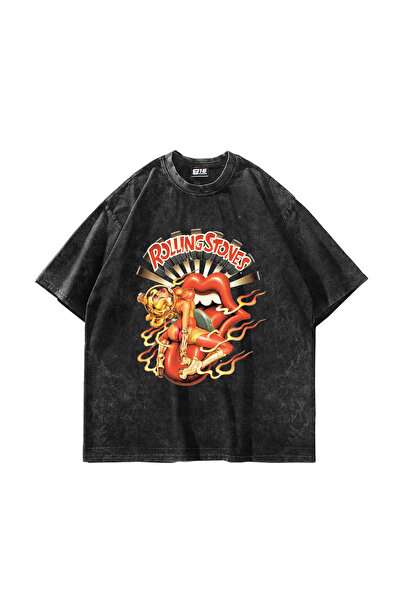 Sekizbiraltı Rolling Hot Printed Oversize Unisex Washable Black Tshirt