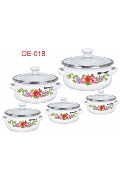 Olympia طقم أواني طهي مطلية بالمينا مزينة بالزهور، 10 قطع، أواني متينة بأغطية...