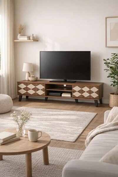 N.zone Modern wooden TV stand, dark brown with beige stone pattern