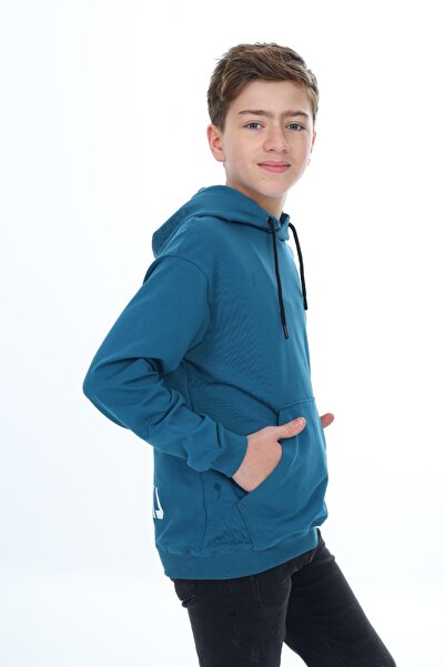 Toontoy Boy's Oversize Hooded Pocket Low Shoulder Printed Sweatshirt - 2 Yarns