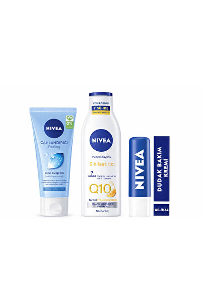 NIVEA Q10 250 ml Sıkılaştırıcı Vücut Losyonu + Yüz Peelingi 150 + Dudak Bakım...
