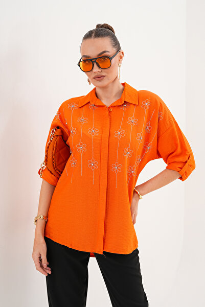 ZENA BY ÇETİN LEVENT Pearl Flower Stone Embroidered Look Loose Cut Women's Shirt