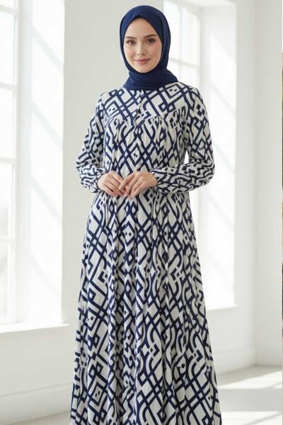 Tesettür Diyarı Γυναικείο Φόρεμα Χιτζάμπ Με σχέδιο Χρωμάτων - Ναυτικό Μπλε