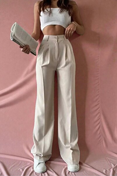byhaziran butik Lavin Cream High Waist Pleated Fabric Trousers