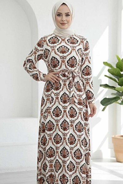 Tesettür Diyarı Γυναικείο Φόρεμα Χιτζάμπ Με σχέδιο Χρωμάτων - Λευκό