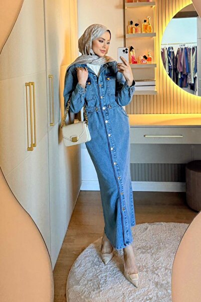 Hazamoda فستان من قماش الدنيم باللون الأزرق