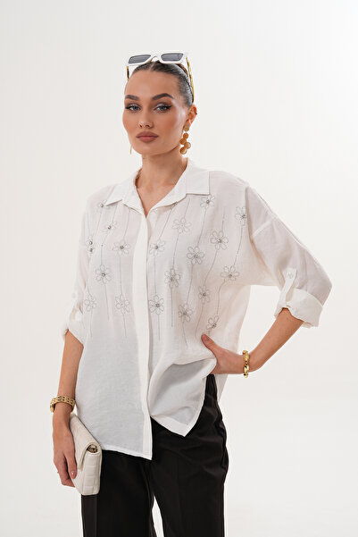 ZENA BY ÇETİN LEVENT Pearl Flower Stone Embroidered Look Loose Cut Women's Shirt