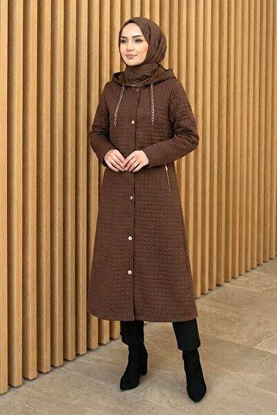 FERHEL Women's Long Quilted Coat - Dark Brown