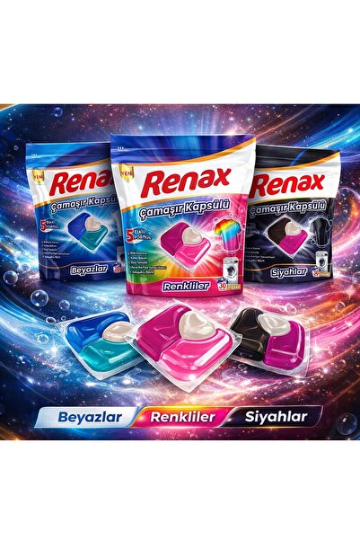 Renax Çamaşır Kapsülü 30 Yıkama Beyazlar-Renkliler-Siyahlar 3 lü Paket