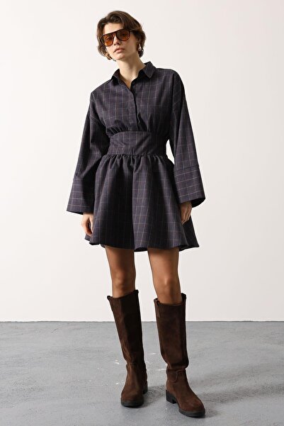 cemo Kadın Gömlek Yaka Belden Oturtmalı Mini A Kesim Elbise15