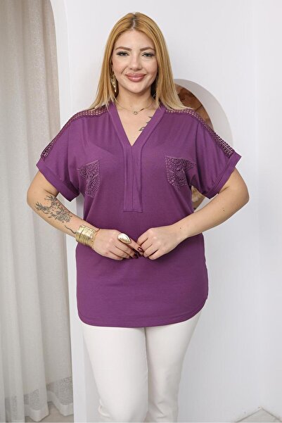 Siyezen Plus Size Lace Pocket Detailed Blouse