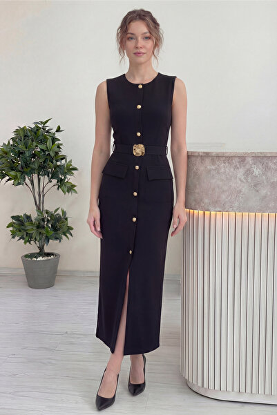 zks grup tekstil Women's Gold Button Zero Sleeve Pencil Dress Burgundy, Black