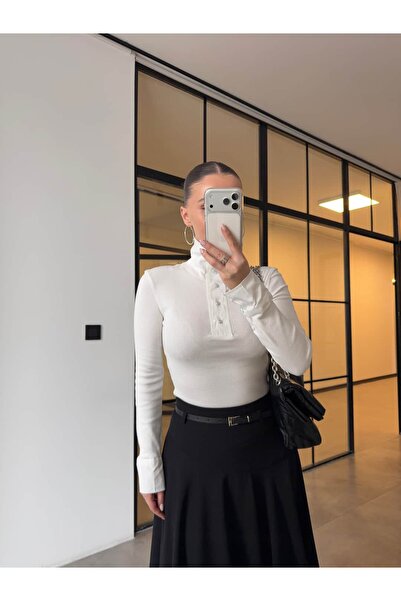 BB Bensu Buyruk Standing Collar Tricot with Ruffle Trim Ecru