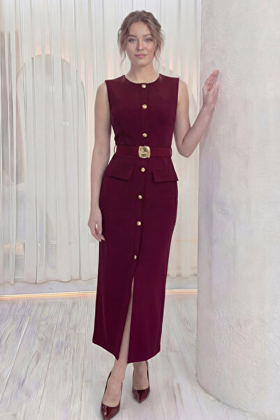 zks grup tekstil Women's Gold Button Zero Sleeve Pencil Dress Burgundy, Black