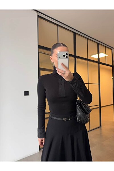 BB Bensu Buyruk Standing Collar Tricot with Ruffle Trim, Black