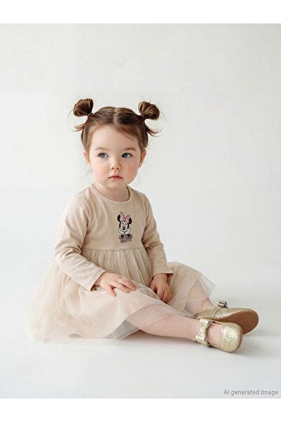 LC Waikiki LCW baby Bej Minnie Mouse Baskılı Kız Bebek Tüllü Elbise