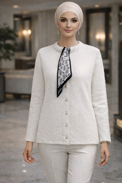 AVSARWEAR Women's Scarf Detailed Soft Textured Angora Look Knitwear Cardigan