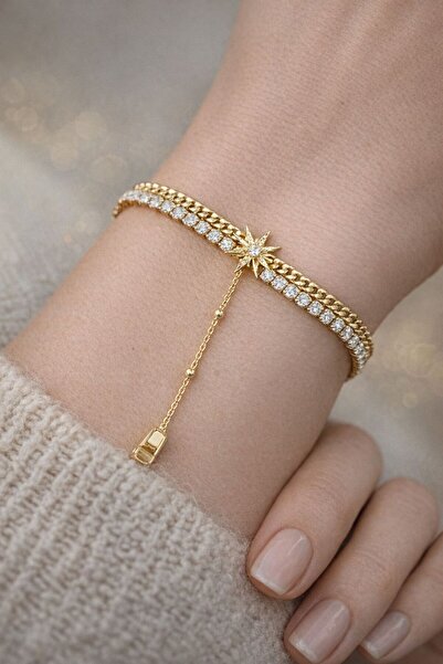Elifin ışığı Yıldız Işıltısı Gold Taşlı Şahmeran Bileklik