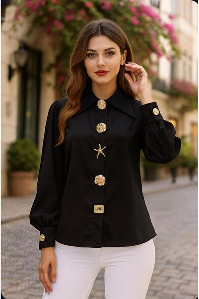 Divin store Women's black blouse with gold buttons