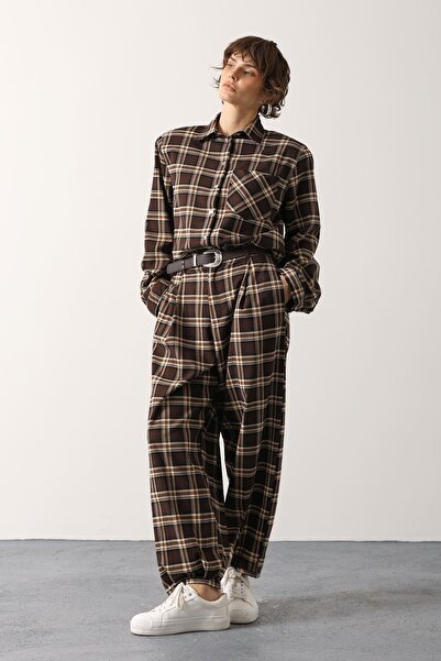 cemo Kadın Yüksek Bel Ekose Pantolonlu Gömlek Takım