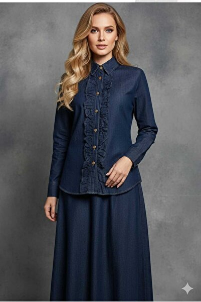 newmisal Women's Ruffled Front Shirt Skirt Denim Suit