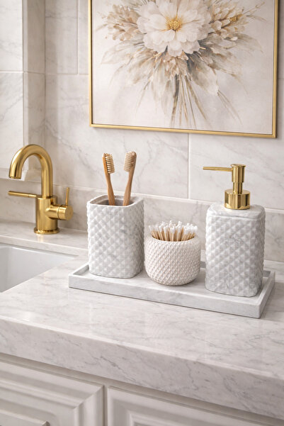 lufen deco Mermer Desenli Beton 4’lü Banyo Wc Seti Sıvı Sabunluk Diş Fırçalık...