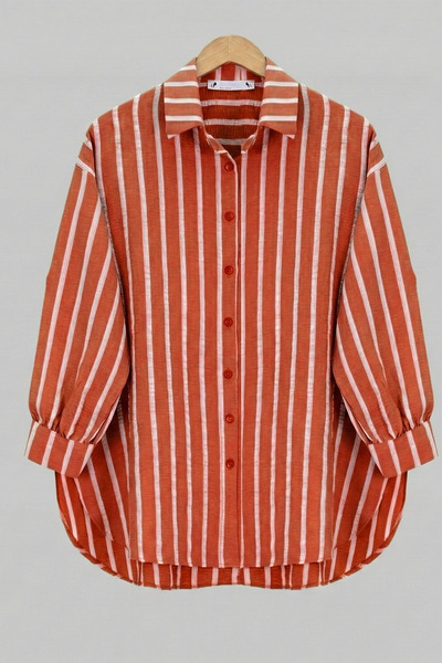 FERHEL Women's Buttoned Oversized Striped Shirt - Tile