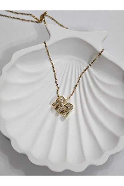 SİBEL AKSESUAR zirkon taşlı harf kolye M çelik 50 cm