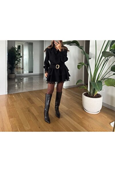 Butik Dantel detaylı gold toka kemerli elbise