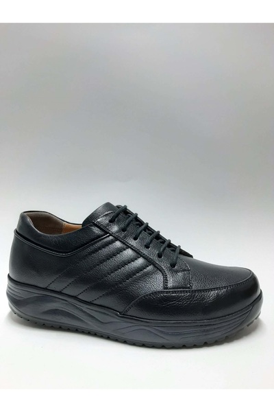 Retto Genuine Leather Orthopedic Lightweight Faylon Sole Black Lace-Up Daily Men's Walking Shoes