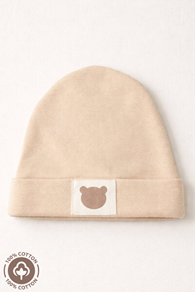 Miniel Unisex Baby Beanie with Arma Detail and Teddy Bear, Combed Organic Cot...