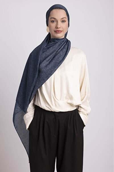 Ayshara Bengi Monogram Plain Patterned Double-Sided Shawl - Dark Blue Navy Blue