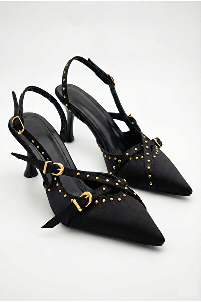 Shoesers Women's Special Design Black Satin Metal Buckle Accessory Upholstere...