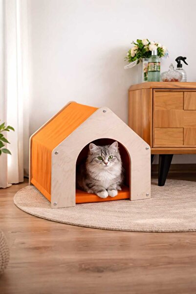 MeoWood Ahşap Kedi Evi –Renkli Kumaş - Modern İç Mekan Kedi Yuvası -