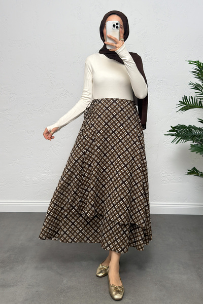 Salih Çelebi Tied Plaid Skirt 0092 - Taba