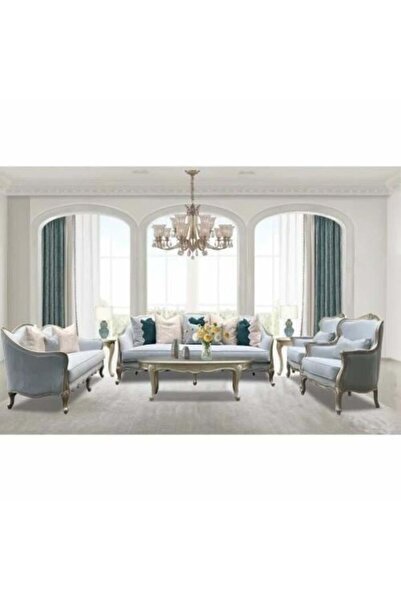 homejoyz Swedish Wood Sofa Set - Sky Blue - Classic Design - 7 Pieces