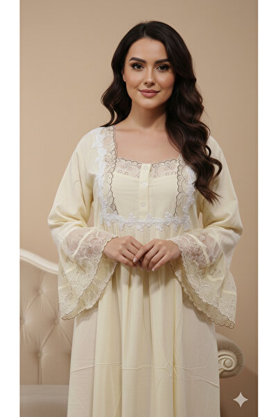 Maison Emarat Premium Long Nightgown with Scalloped Floral lace Detailing