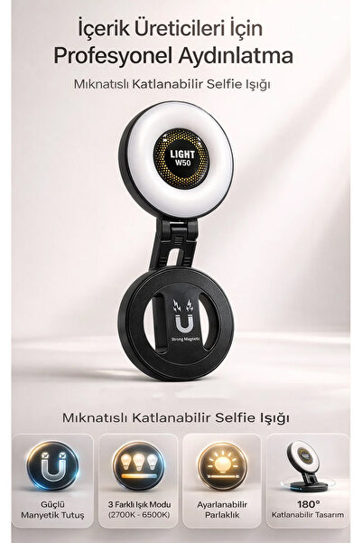 FaroxTech Şarjlı Manyetik Selfie Işığı - 3 Renk Modlu ve Ayarlanabilir Parlaklık
