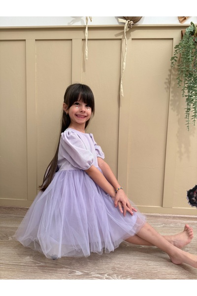 penu baby kids Lilac Short Balloon Fabric Sleeve Detailed Baby Girl Dress wit...